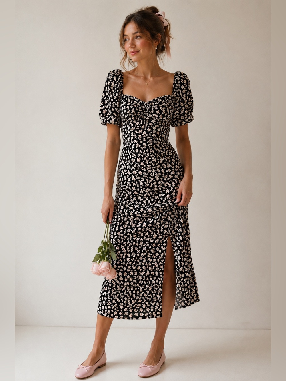 H&M Black Floral Sweetheart Puff Sleeve Smocked Midi Dress Size S Cottagecore